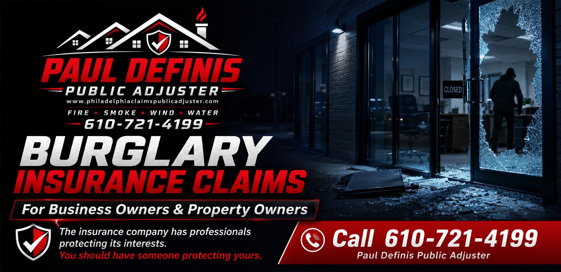 Philadelphia Public Insurance Adjuster 19136 Paul Definis. Bucks County, Delaware County, Montgomery County Pennsylvania insurance claims for fire, water, storm, roof, frozen pipes and theft. Residential and commercial. Call 610-721-4199.