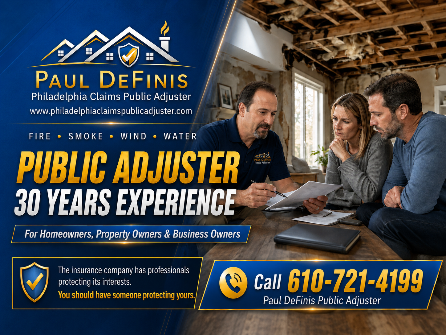 Fire Damage Public Adjuster 19087 St Davids Strafford Radnor Wayne 19023 Darby 19082 Upper Darby. Paul Definis assists homeowners and businesses with fire damage, smoke damage, water damage, roof damage, emergency board up and property insurance claims. Call 610-721-4199.