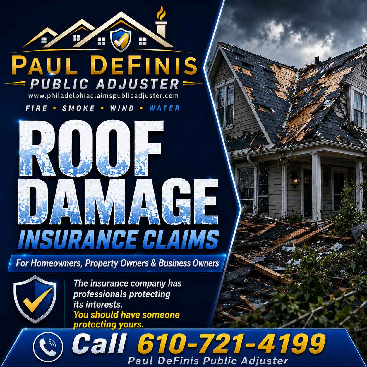 Roof Damage Claims Public Adjuster Levittown Bucks County Pennsylvania. Paul Definis assists homeowners and businesses with roof damage, storm damage and property insurance claims. Call 610-721-4199.